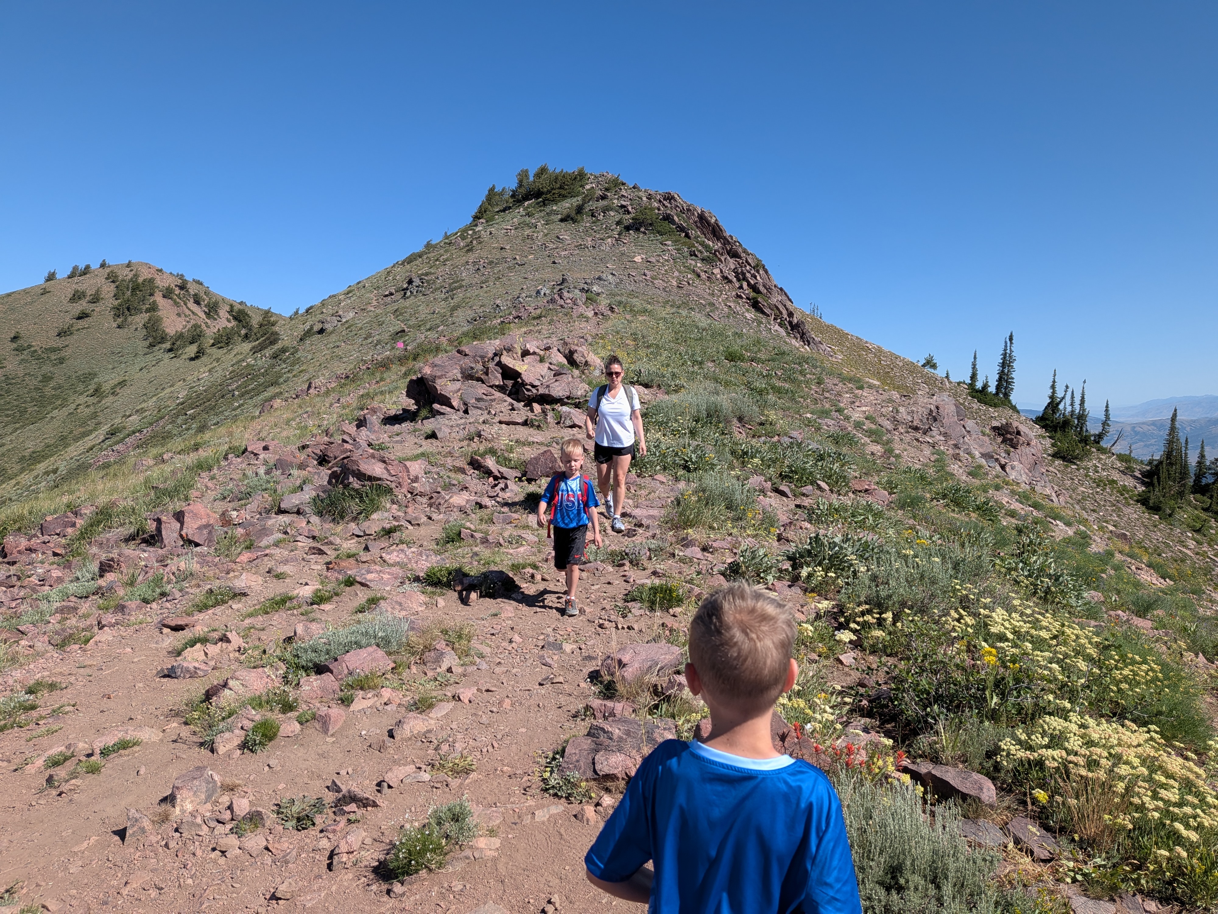Family hiking down a rocky exposed ridgeline on the Strawberry Needles Trail at Snowbasin