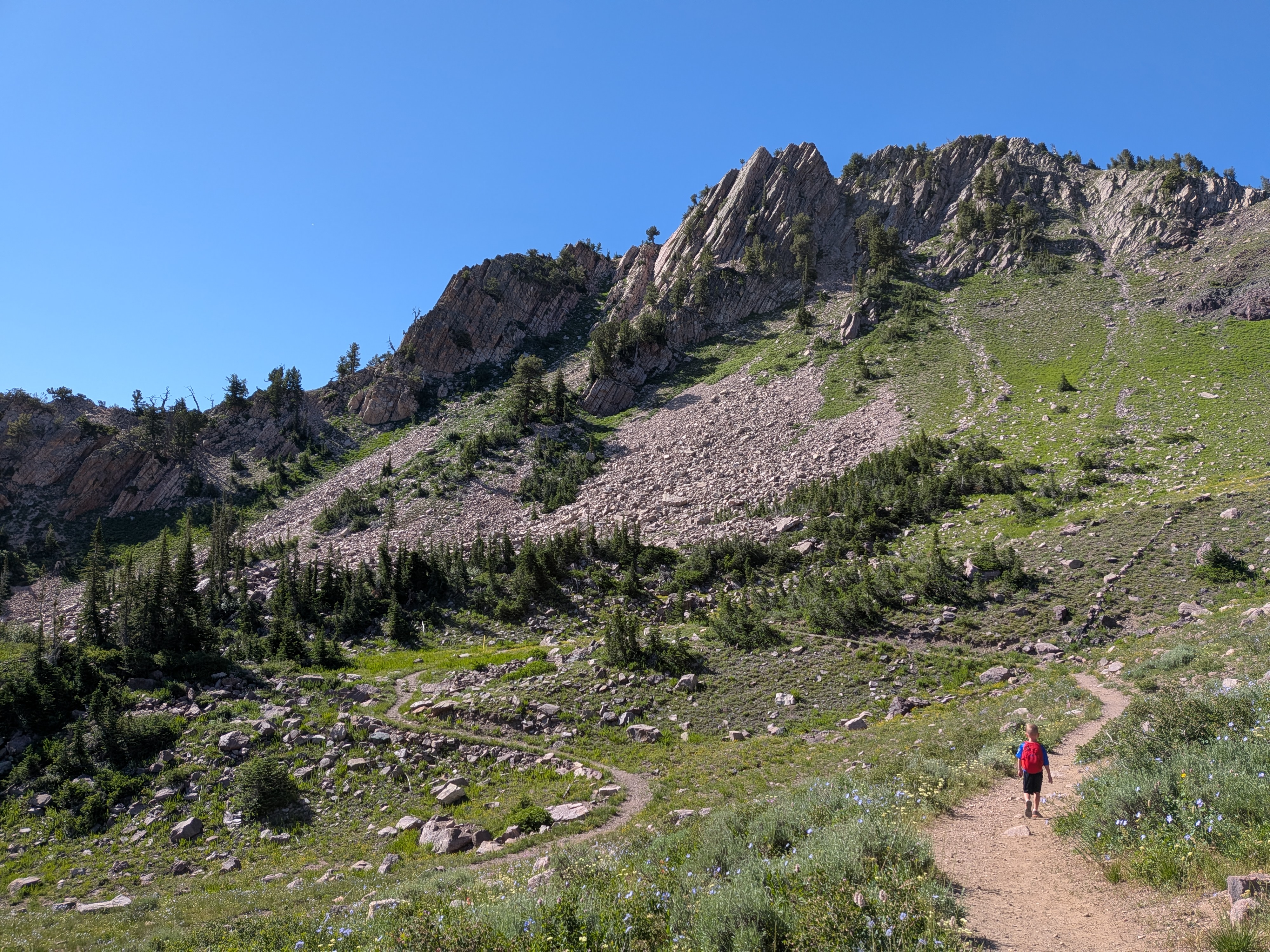 Rocky dirt trail climbing through alpine terrain toward the Strawberry Needles high point