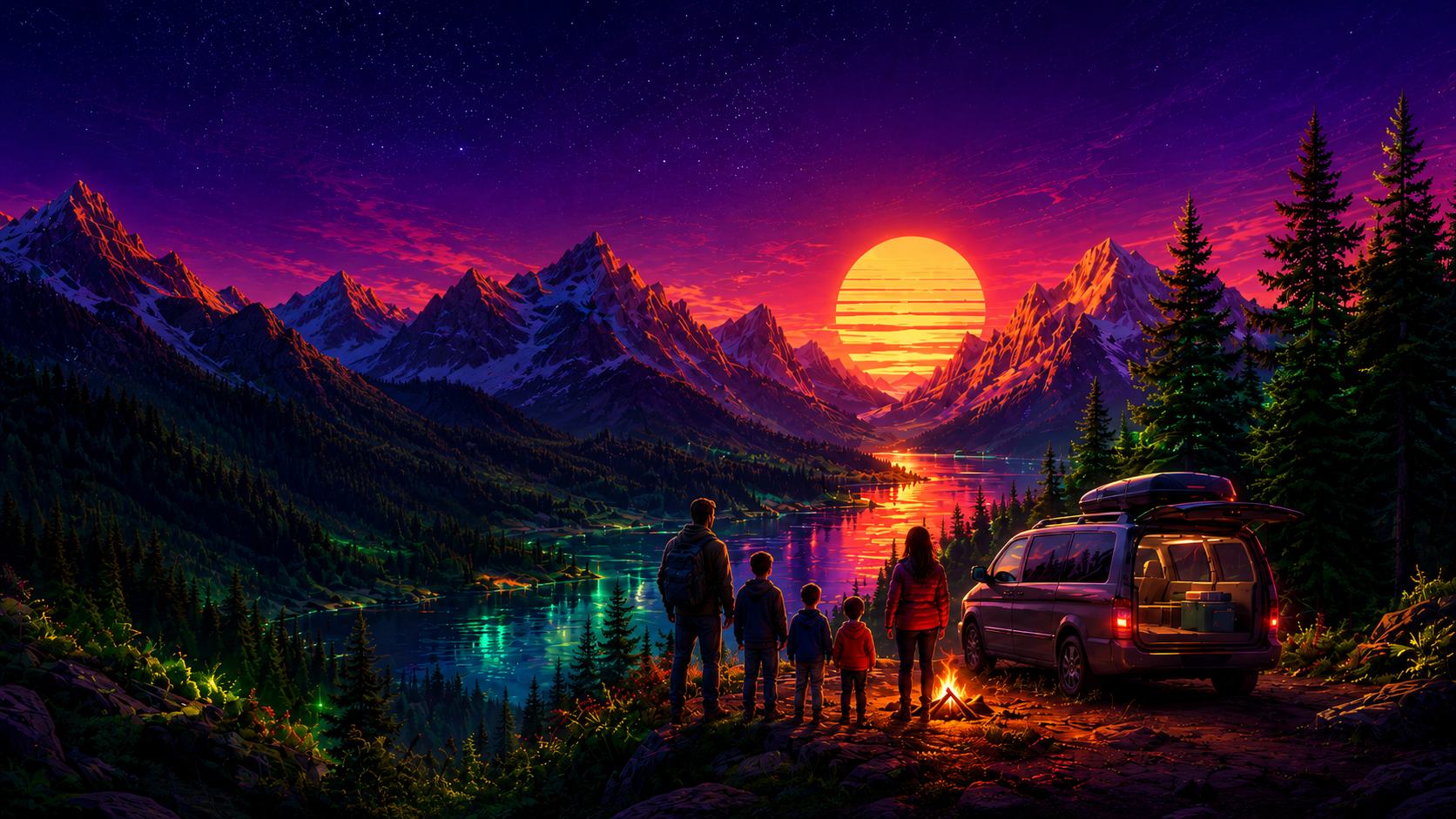 A family overlooking a glowing mountain lake at sunset beside a packed adventure van.